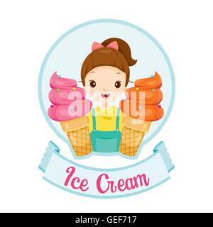 Mädchen mit Eis-Logo und Label, Sommer, gefrorene Speisen, Essen, Eis Stock Vektor