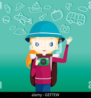 Backpacker-Mädchen mit Kamera, Reise, Reisen, Abenteuer, Transport Stock Vektor