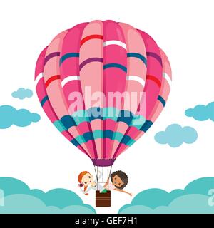 Zwei Mädchen im Ballon schwebt am Himmel, Reise Reisen, Abenteuer, Transport Stock Vektor