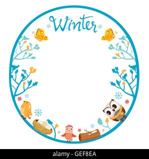 Winter Baum mit Tier auf Kreis Rahmen, Aktivität, Travel, Saison, Urlaub Stock Vektor