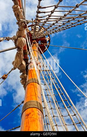 Geographie / Reisen, Kanada, Neufundland, Bonavista, Rigging und das Krähennest des Schiffes Matthew im Matthew Legacy in Bonavista, Cape Bonavista, Bonavista Halbinsel, Lehrpfad, Bonavista Bay, Newfoundland, Neufundland-Labrador Stockfoto