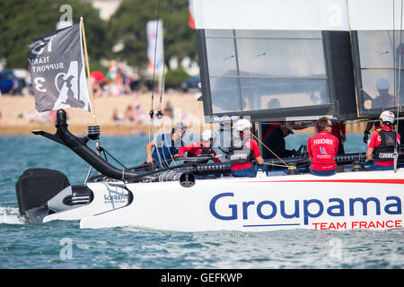 PORTSMOUTH, UK: 22. Juli 2016 Team Groupama am 1. Tag der Louis Vuitton America Cup World Series. Stockfoto