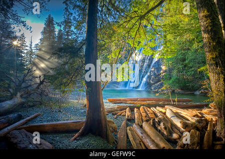 Geographie, Reisen, Kanada, British Columbia, Vancouver Island, Jungfrau fällt aus Wald mit Strahlen Sonnenlicht streaming betrachtet Stockfoto