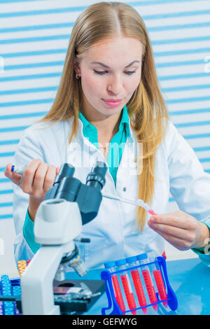 Labor-Assistentin mit langen blonden Haaren füllt Mikroröhrchen für DNA-Analysen Stockfoto