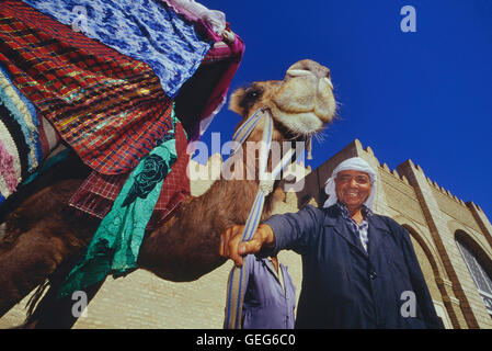 Ein Kamel Handler außerhalb der großen Moschee von Kairouan. Tunesien. Nordafrika Stockfoto