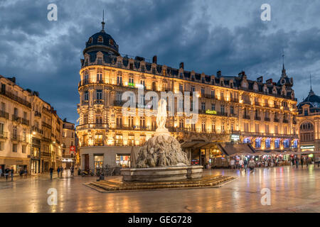 Place De La Comedie, Brunnen der drei Grazien, Montpellier, Frankreich, Stockfoto