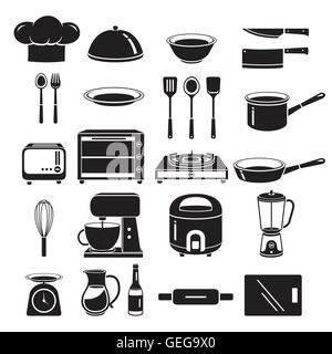 Küche Ausstattung Icons Set, Monochrom, Gerät, Geschirr, Kochen, Küche, Lebensmittel, Bäckerei Stock Vektor
