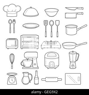 Küche Ausstattung Umriss Icons Set, Gerät, Geschirr, Kochen, Küche, Lebensmittel, Bäckerei Stock Vektor