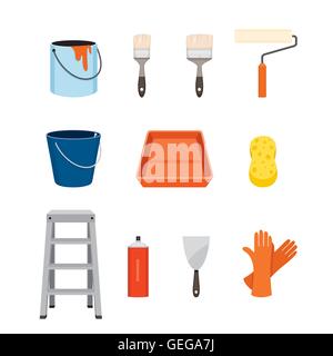 Maler Werkzeuge Objekte Icons Set, Ausrüstung, Beruf, Beruf, Arbeitskraft, Job, Pflicht Stock Vektor