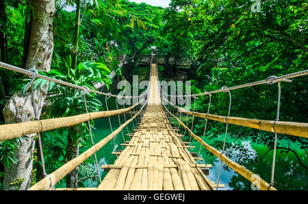 Bambus-Fußgänger-Hängebrücke über den Fluss in tropischen Wald, Bohol, Philippinen, Südostasien Stockfoto