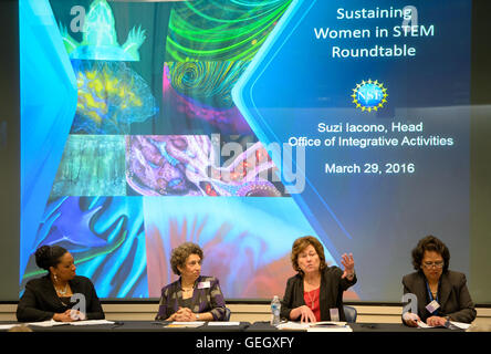 Der Rundtisch „Sustaining Women in MINT“ hob Herausforderungen und Chancen für Frauen in MINT-Bereichen hervor, an denen führende Persönlichkeiten wie Suzanne Iacono und Christyl Johnson teilnahmen. Stockfoto