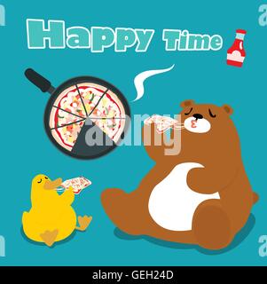 Lustiger Bär & Ente Essen Pizza-Cartoon-Vektor-illustration Stock Vektor