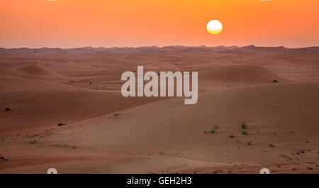 Sonnenaufgang über Dünen von Dubai Desert Conservation Reserve, Vereinigte Arabische Emirate Stockfoto