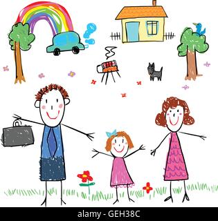 m? dchen zeichnen Familienfoto Doodle-Vektor-Stil Stock Vektor