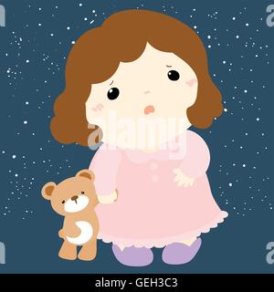 niedliche Mädchen und ihre Puppe schlaflose Vektor-illustration Stock Vektor