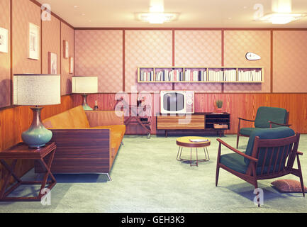 schöne Retro-Interieur am Abend. 3D-Rendering Stockfoto