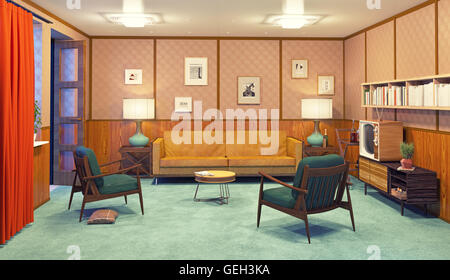 schöne Retro-Interieur am Abend. 3D-Rendering Stockfoto