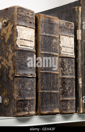 Rücken des alten Leder-Bücher im Regal Stockfoto