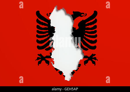 3D Rendering von Albanien Karte und Flagge im Hintergrund. Stockfoto