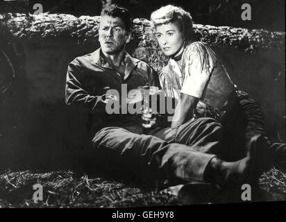 Ronald Reagen, Barbara Stanwyck Regierungsagent Farrell (Ronald Reagan) Versucht Sierra Nevada Jones (Barbara Stanwyck) Zu Dem Stueck Land Zu Verhelfen, Fuer Das Ihr Vater Ermordet Wurde *** lokalen Caption *** 1954, Cattle Queen Of Montana, Koenigin Der werden Stockfoto