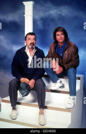 Victor French, Michael Landon *** lokalen Caption *** 1988, 1980er, 1980er Jahre, Highway To Heaven (Klasse 5), Lederjacke, Fernsehen, TV, US-Serie, Jeans, Lederjacke, Serie, Ein Engel Auf Erden - Pilot Stockfoto