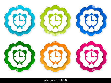 Reihe von bunten Aufkleber Icons mit Wecker-Symbol in blau, grün, rosa und orange Farben Stockfoto