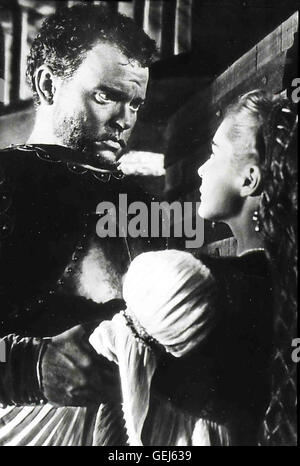 Orson Welles, Suzanne Cloutier Der Dunkelhaeutige Postkartenansichten Feldherr Othello (Orson Welles) Hut sterben Wunderschoene Desdemona (Suzanne Cloutier) Geheiratet. Doch Ihr Junges Glück Wird bald Getruebt. Lokalen Caption *** 1952, 1950er Jahre, Film, Literaturve Stockfoto