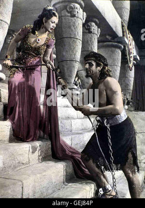 Hedy Lamarr, Victor Mature eine Einer Kette Zerrt Delilah (Hedy Lamarr) Den Geblendeten Samson (Victor Mature) Zum Tempel der Philister. Lokalen Caption *** 1950, Samson und Delilah, Samson Und Delilah Stockfoto