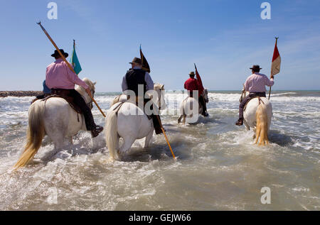 Sainte Sara Prozession. Gardians (Reiter, die mit Bull der Camargue arbeitet). Segen auf dem Meer. Während der Wallfahrt der Zigeuner an Stockfoto