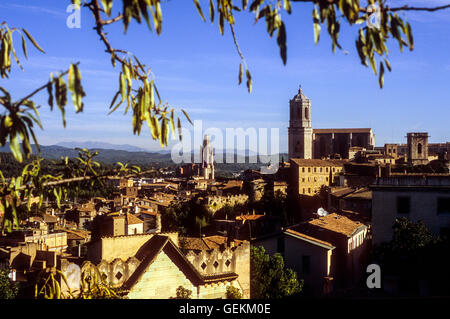 Skyline der Stadt, im Hintergrund am richtigen Catedral und am linken Colegiata de Sant Feliu, Girona, Katalonien, Spanien. Stockfoto