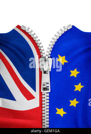 Fahnen mit Reißverschluss Austritt / 3D Illustration des Reißverschlusses aufteilen, UK- und EU-Flaggen Stockfoto