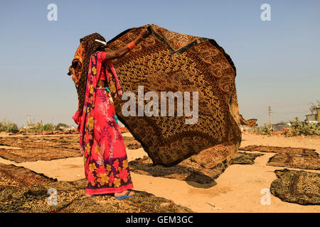 Sanganer, Indien - Januar 2013. Eine Frau Block Abholung Druckstoff aus einem trocknenden Feld Stockfoto