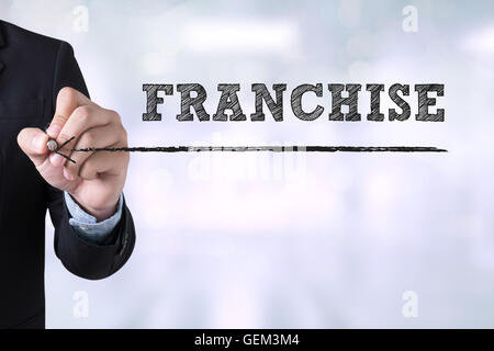 Franchise-Unternehmer zeichnen Landing Page auf abstrakten Hintergrund jedoch unscharf Stockfoto