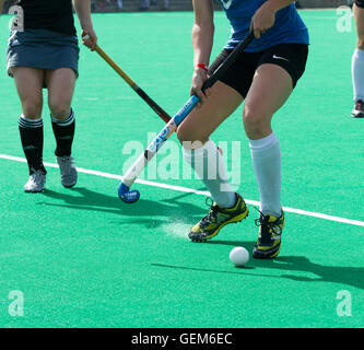 Zwei Frauen fangen Sie Hockey Spieler Gerangel um den ball Stockfoto