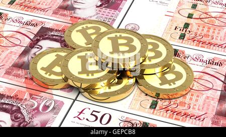 Stapel von Bitcoins mit Pfund-Rechnungen. 3D Illustration. Stockfoto