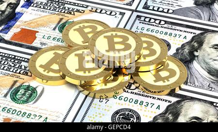 Stapel von Bitcoins mit Dollarnoten. 3D Illustration. Stockfoto