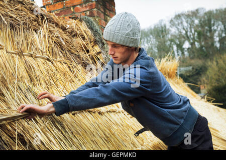 Thatcher, stehend auf einem Dach, Befestigung Stroh an einer Naht. Stockfoto