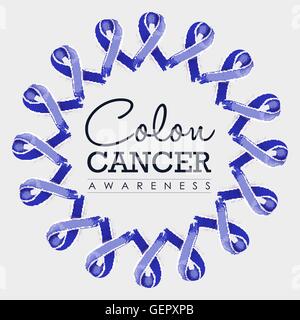 Darm Krebs Bewusstsein Typografie Design mit Mandala der blauen Hand gezeichnete Bänder gemacht. EPS10 Vektor. Stock Vektor