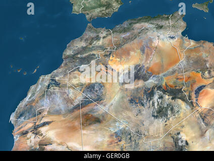 Satellitenansicht von Algerien, Marokko und Tunesien (mit Ländergrenzen). Dieses Bild wurde aus Daten, die im Jahr 2014 per Satellit Landsat 8 zusammengestellt. Stockfoto