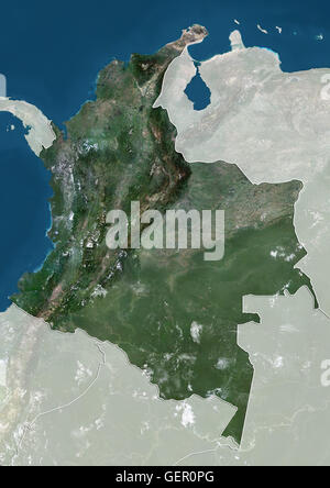 Satellitenansicht von Kolumbien (mit Ländergrenzen und Maske). Dieses Bild wurde aus Daten von Landsat-Satelliten erworben erstellt. Stockfoto