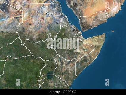 Satelliten-Ansicht von Nordost-Afrika (mit Ländergrenzen). Dieses Bild wurde aus Daten von Satelliten Landsat 7 & 8 zusammengestellt. Stockfoto