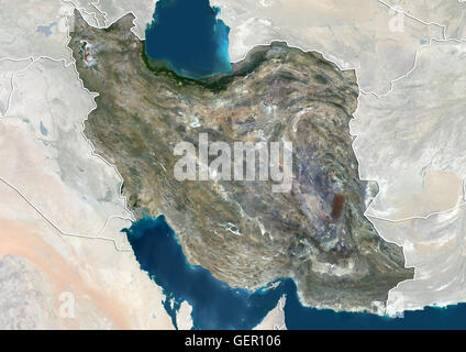 Satelliten-Ansicht des Iran (mit Ländergrenzen und Maske). Dieses Bild wurde aus Daten, die per Satellit Landsat 8 im Jahr 2014 zusammengestellt. Stockfoto