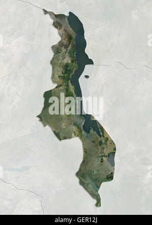 Satellitenansicht von Malawi (mit Ländergrenzen und Maske). Dieses Bild wurde aus Daten von Landsat-Satelliten erworben erstellt. Stockfoto