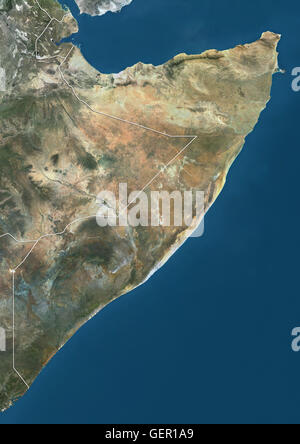 Satellitenansicht von Somalia (mit Ländergrenzen). Dieses Bild wurde aus Daten von Landsat-Satelliten erworben erstellt. Stockfoto