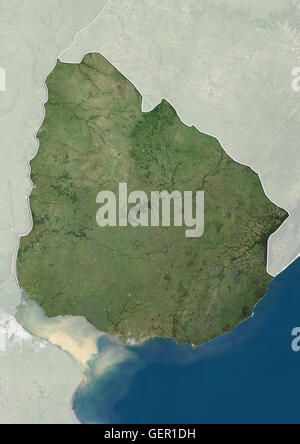 Satellitenansicht von Uruguay (mit Ländergrenzen und Maske). Dieses Bild wurde aus Daten von Landsat-Satelliten erworben erstellt. Stockfoto