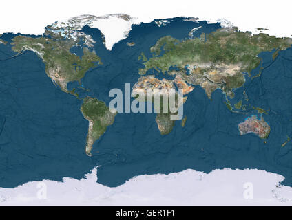 Echte natürliche Farbe Satellitenbild der Erde, mit der arktischen Eiskappe und zeigen Tiefen des Ozeans. Dieses Bild wurde aus Daten von Landsat-Satelliten erworben erstellt. Stockfoto