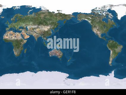 Echte natürliche Farbe Satellitenbild der Erde, zentriert auf den Pazifischen Ozean und mit arktischen Eiskappe. Dieses Bild wurde aus Daten von Landsat-Satelliten erworben erstellt. Stockfoto