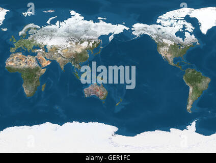 Sat-Weltkarte (Pacific zentriert) im Winter, mit teilweise Schneedecke. Dieses Bild wurde aus Daten von Satelliten Landsat 7 & 8 zusammengestellt. Stockfoto