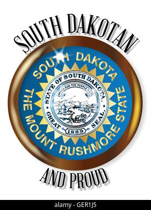 South Dakota Zustand Flagge Taste mit einem gold Metall kreisförmigen Rand auf weißem Hintergrund mit dem Text South Dakotan stolz Stock Vektor
