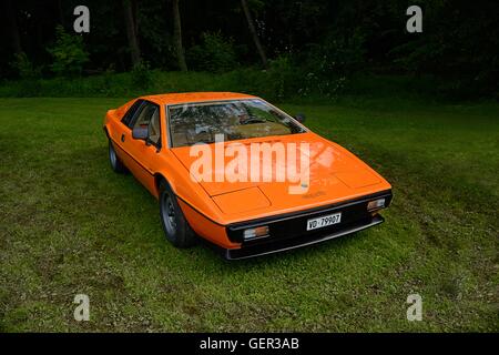 Orange Lotus Esprit Serie One geparkt auf dem Rasen mit Bäumen hinter Stockfoto